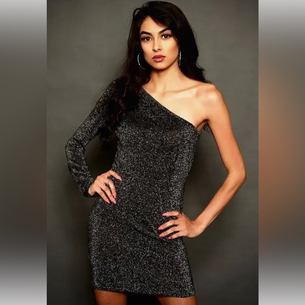 BCBGMAXAZRIA One-Shoulder Sparkly Black Minidress
